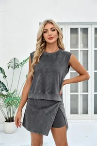 Fashionable mineral wash sleeveless top and wrap skirt set for women, detail view