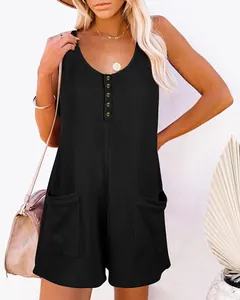 Close-up of black waffle-knit tank romper with button detailing and side pockets