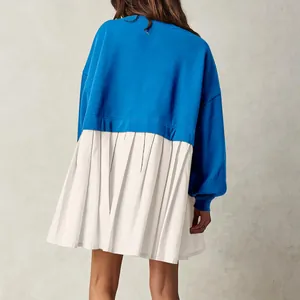 Detailed back view of a blue and white spliced pleated sweatshirt dress for women.
