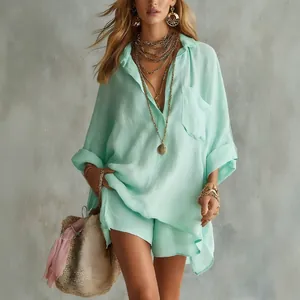 Stylish mint green cotton linen shirt and shorts set for summer fashion beach wear.