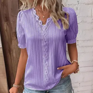 Elegant purple summer hollow short sleeve blouse with lace V-neck for chic vacation look