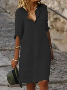 Casual loose black linen shirt dress with lapel and buttons for women's summer street style