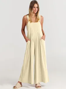 Mono informal de algodón y lino beige para mujer con diseño de pierna ancha y holgado