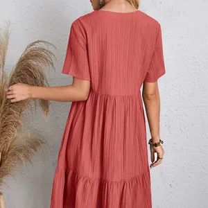 Back view of a terracotta tiered maxi dress in crinkle fabric with short sleeves.