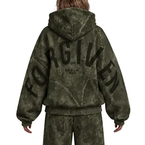 Detailed back view of green camouflage hoodie featuring bold arched FORGIVEN text print