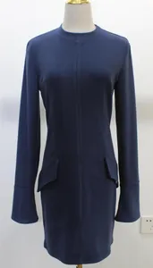 Front view of a dark blue long-sleeved slim-fit bodycon dress shown on a mannequin