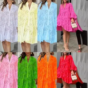 Robe en Dentelle à Broderie Anglaise en Coton Polyester pour Femmes Col en V Brodé Volants Amples Robe de Vacances Top Et Bottom
