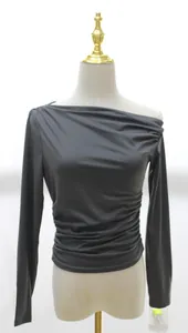 Close-up of women's asymmetric one-shoulder long sleeve slim fit top in dark gray