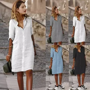 Vestito a Camicia da Donna Casual in Tinta Unita Cotone Lino Colletto a Punta Bottoni Manica a Metà Patchwork Abito Midi Vacanza