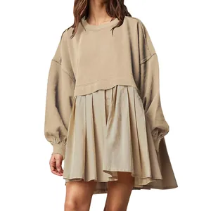 Stylish women's fake two-piece sweatshirt dress featuring a pleated skirt in solid khaki