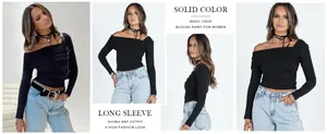 Photos multi-angles de crop top femme noir à manches longues, épaules dénudées et plissé.