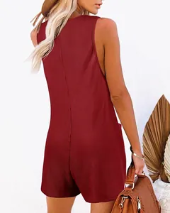 Detail back view of a textured burgundy sleeveless summer romper with casual styling