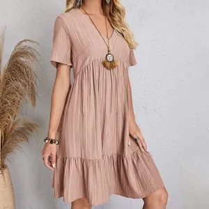 Casual boho short sleeve V-neck flowy mini dress in dusty rose textured fabric