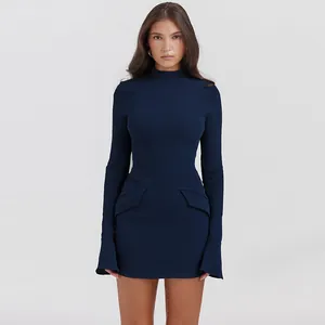 Elegant navy blue long sleeve bodycon dress with mock neck and pocket flap details