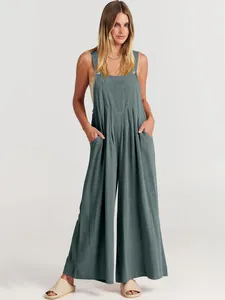 Mono informal holgado de algodón y lino sin mangas para mujer en color gris sólido