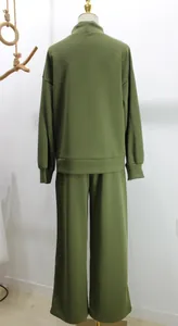 Back view of a minimalist olive green long-sleeve sweatshirt and wide-leg pants set