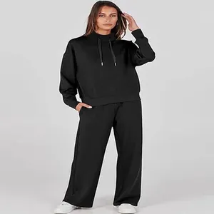 Premium women's casual solid black lounge set with drawstring hoodie and wide trousers