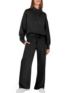Professional view of a black two-piece drawstring tracksuit set for women.