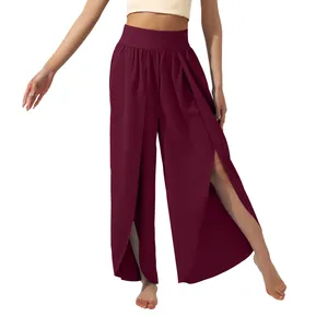 High waisted burgundy split leg trousers for yoga and casual summer wear