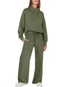 Women's 2-piece olive green lounge set featuring drawstring sweatshirt and wide-leg pants.