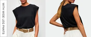 Vues avant et arrière d'un haut noir sans manches pour femme, coupe décontractée élégante.