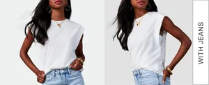 Vue de face et de côté d'un t-shirt blanc à mancherons porté avec un jean bleu