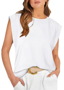 Detailed view of women's white cap sleeve top with a casual loose fit and round neck