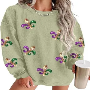 Women's Casual Polyester Pullover Sweatshirt Long Sleeve Round Neck Mardi Gras Fleur De Lis Embroidered Top
