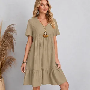 Summer casual loose khaki V-neck short sleeve tiered dress with pleated texture