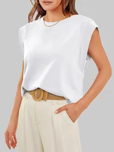 Close-up of a white women's cap sleeve t-shirt with a minimalist round neck design.