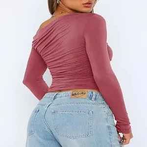 Elegant rose red asymmetrical off-shoulder long sleeve ruched slim fit top for women