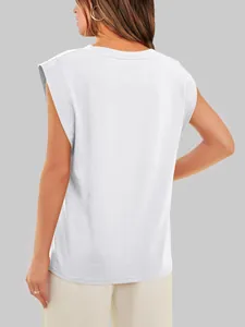 Detailed back view of a white casual loose-fit women's cap sleeve summer basic T-shirt.