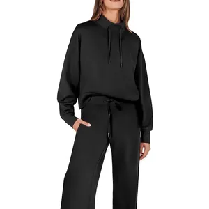 Women's Casual Polyester Top And Bottom With Drawstring Stand Collar Long Sleeve Sweatshirt And Wide Leg Pants Lounge Wear