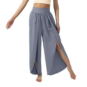 High waisted wide leg yoga pants with double front slits in slate blue grey fabric