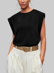 Close-up of a women's minimalist black cap sleeve top with structured padded shoulders