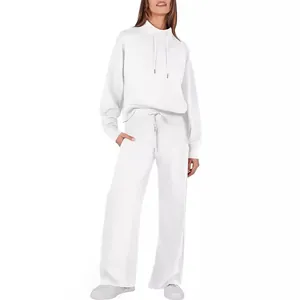 Women's casual white long-sleeve drawstring sweatshirt and wide-leg pant set