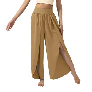 High-waisted wide-leg trousers with high front slits in camel color for yoga and leisure