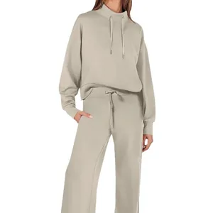 Women's stylish drawstring long sleeve sweatshirt and wide-leg pants lounge set