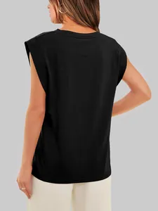 Back view of a casual women's black cap sleeve top featuring a relaxed fit and simple design.