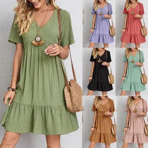 Women Summer Casual V-Neck Short Sleeve Crinkle Tiered Dress Loose Boho Beach Ruffle Hem Solid Color Polyester Mini Dress