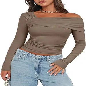 Haut marron froncé à une épaule et manches longues pour femme, style ajusté mode Y2K.