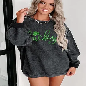 Women's gray oversized sweatshirt with green glitter Lucky shamrock graphic
