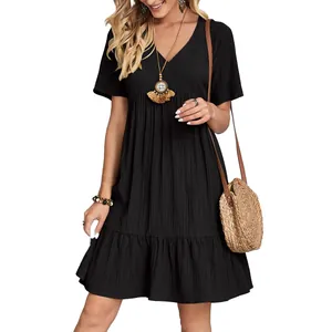 Elegant women's casual short sleeve V-neck black flowy summer dress with ruffled hem design