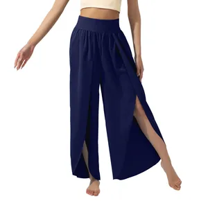Elegant navy blue high-waisted wide-leg yoga pants featuring stylish high side slits