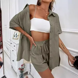 Stylish olive green two-piece summer set including loose shirt and matching shorts