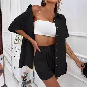 Women's casual solid color short sleeve button-down shirt and drawstring shorts set