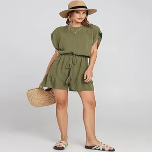 Tuta corta elegante in cotone lino verde oliva con maniche corte e coulisse regolabile