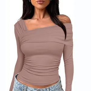 Élégant haut à manches longues froncé et dénudé pour femmes en rose poudré style Y2K
