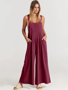 Mono de lino y algodón burdeos liso y holgado para mujer, vista frontal
