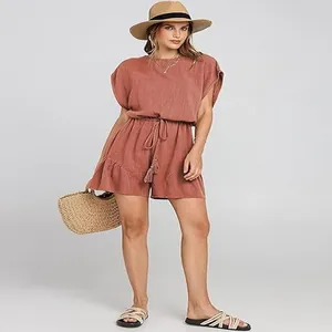 Elegante tutina estiva a maniche corte in cotone e lino rosso mattone con coulisse regolabile